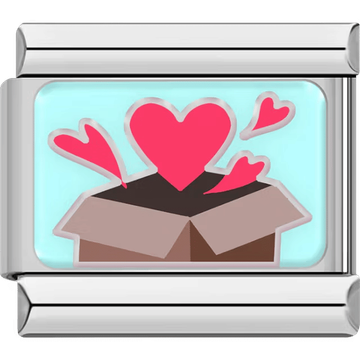 Open box with multiple pink hearts bursting out on a light aqua background.